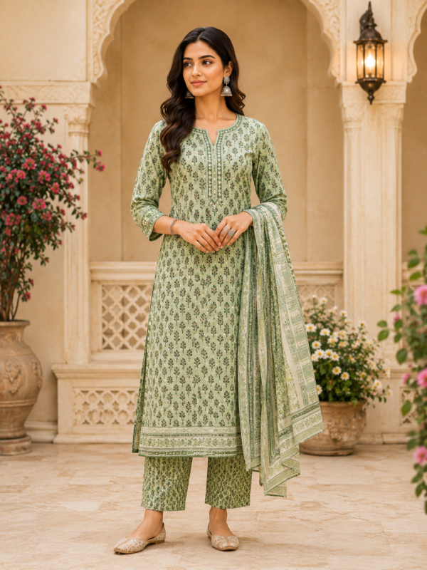 Green Printed Cotton Kurti Set