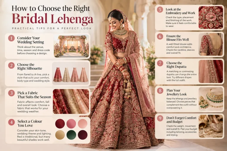 Bride wearing a traditional embroidered bridal lehenga for an Indian wedding